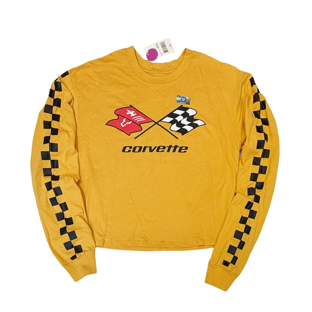 Corvette GM Racing Women's Medium T-shirt NWT Long Sleeve Gold Race Flags
